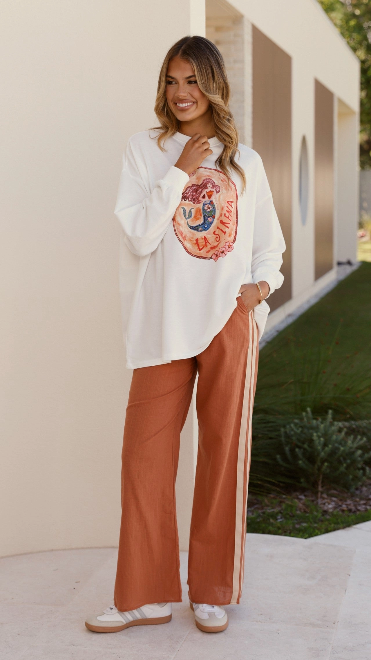 La Sirena Long Sleeve Top and Pants Set - White / Rust
