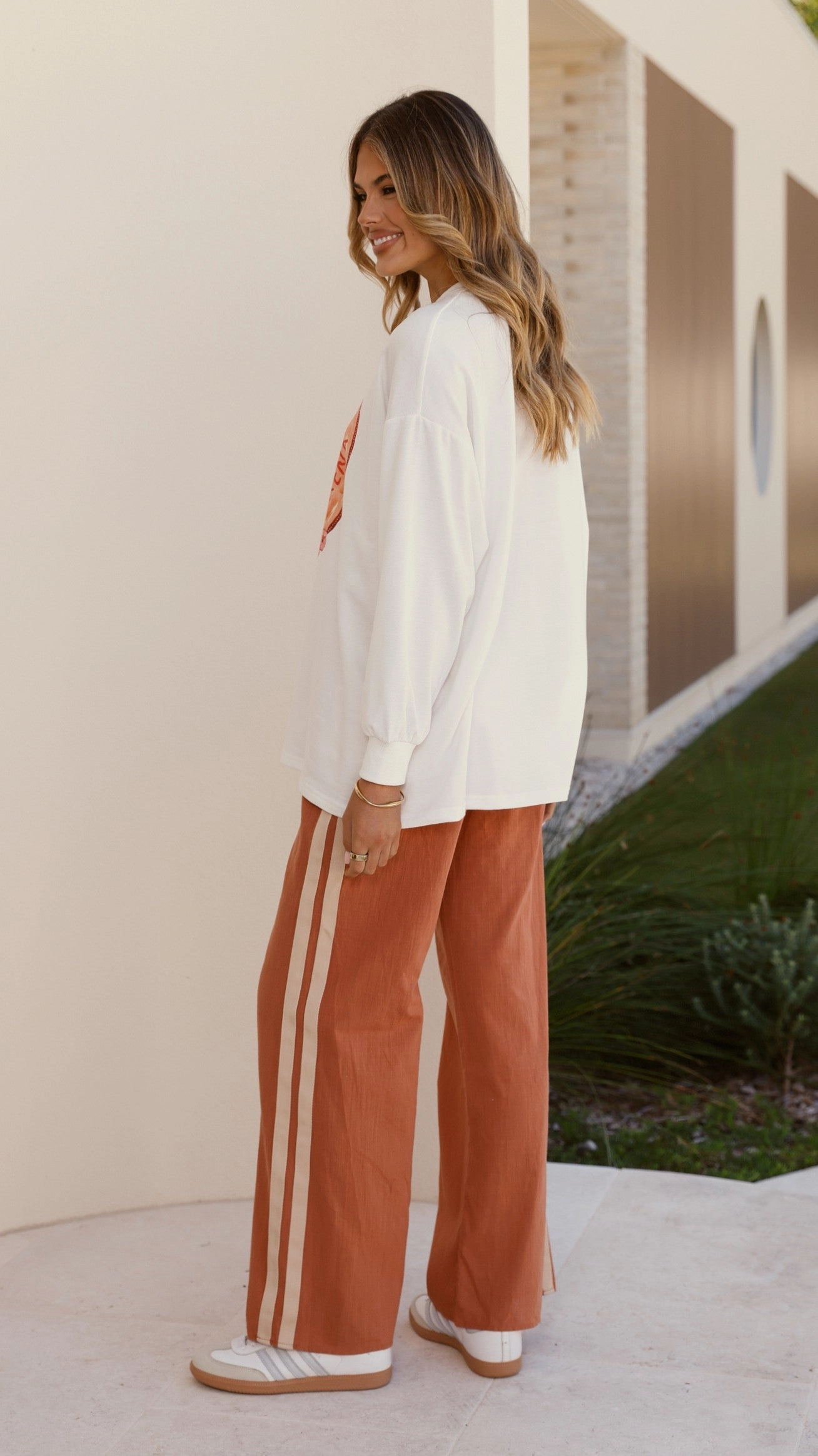 La Sirena Long Sleeve Top and Pants Set - White / Rust