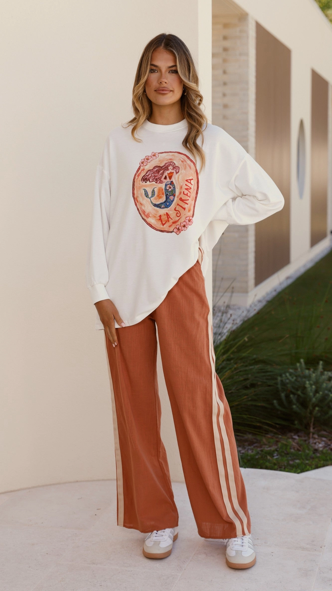 La Sirena Long Sleeve Top and Pants Set - White / Rust