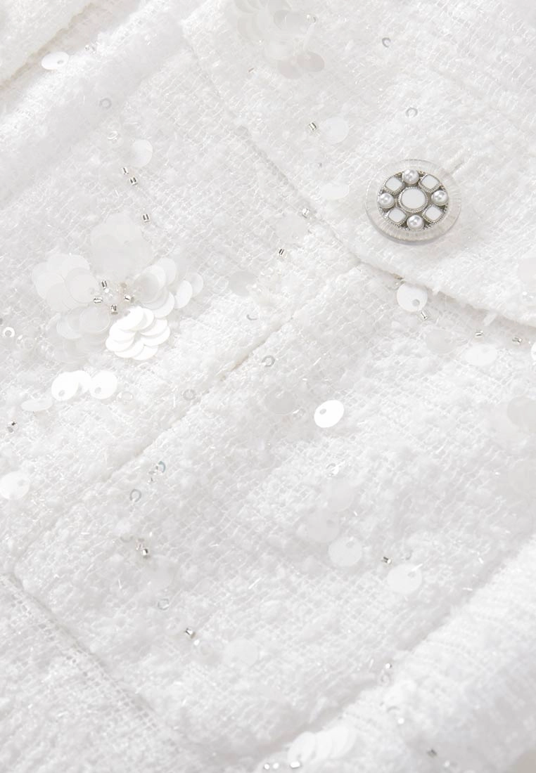 Lapel White Tweed Sequin and Bead Detailing Jacket