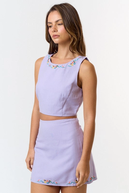 Lavender Floral Embroidered Linen Mini Skirt