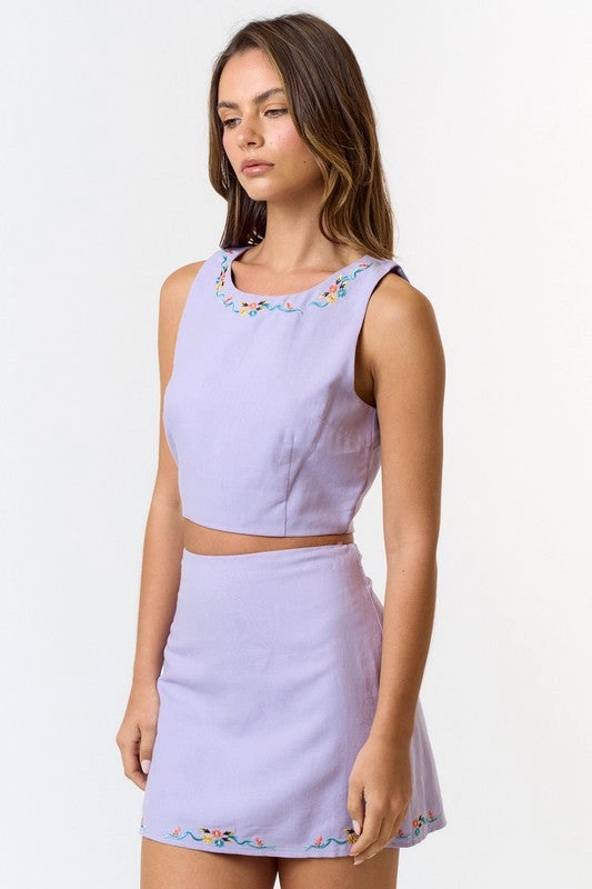 Lavender Floral Embroidered Linen Mini Skirt