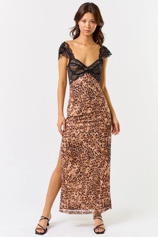 Leopard & Lace Side Slit Maxi Dress