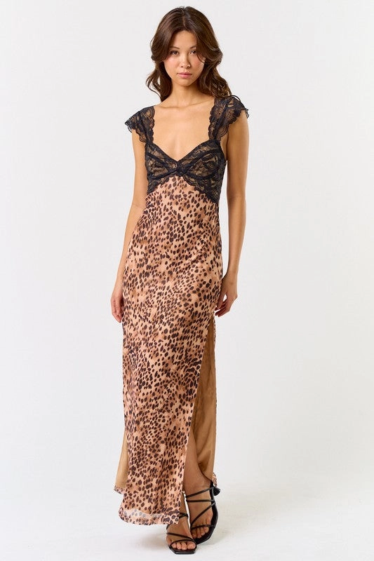 Leopard & Lace Side Slit Maxi Dress
