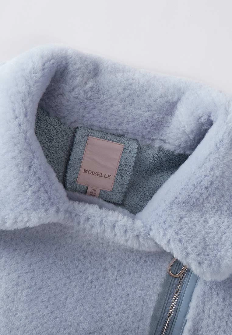 Light Blue Wool Shearling Biker Jacket