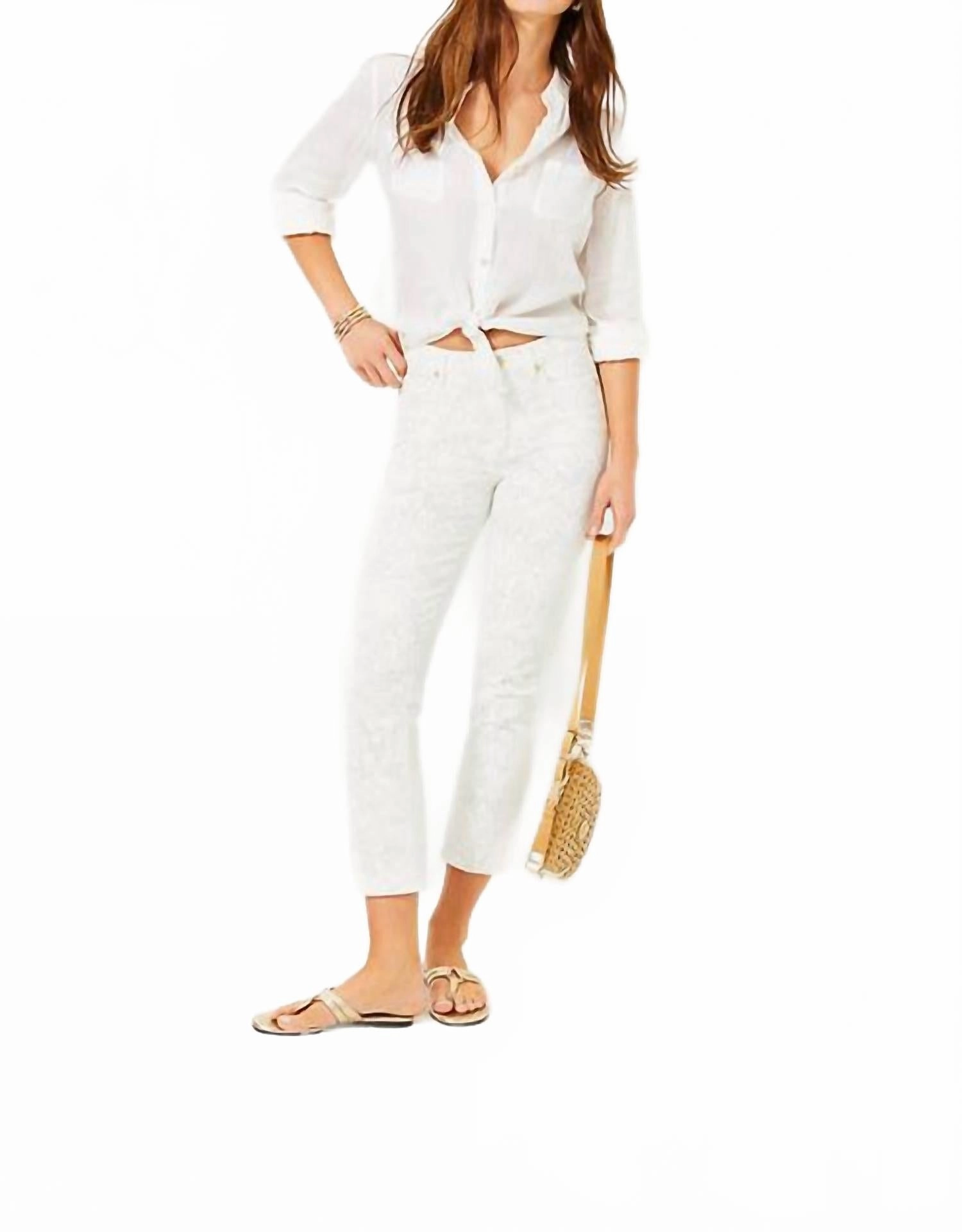 Liza High Rise Crop Flare Pants In Resort White Pandarama