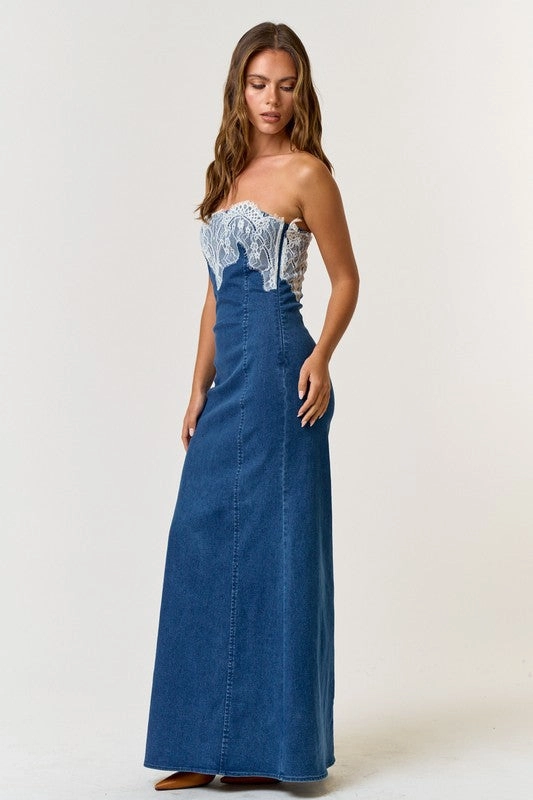Lovely In Lace 'N Denim Tube Maxi Dress