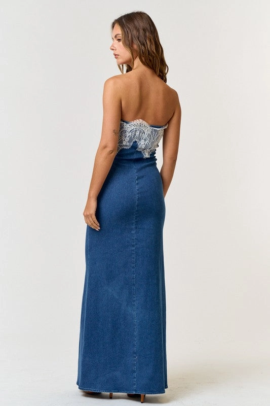 Lovely In Lace 'N Denim Tube Maxi Dress