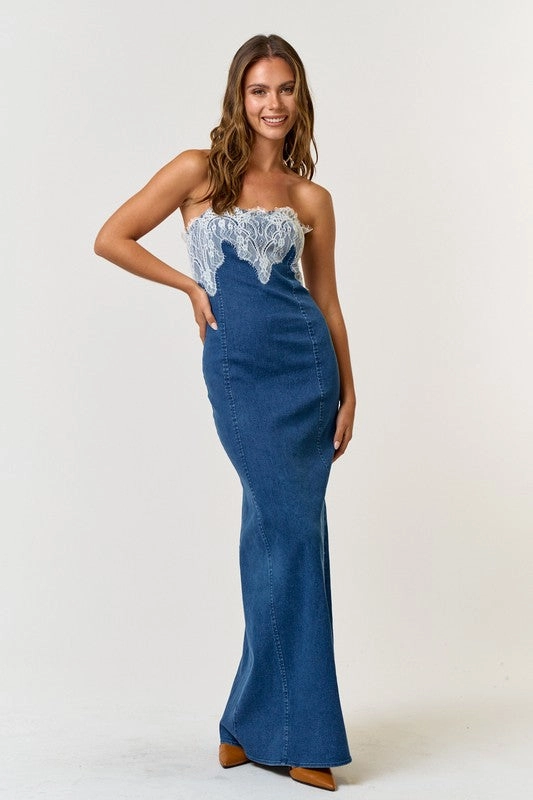 Lovely In Lace 'N Denim Tube Maxi Dress