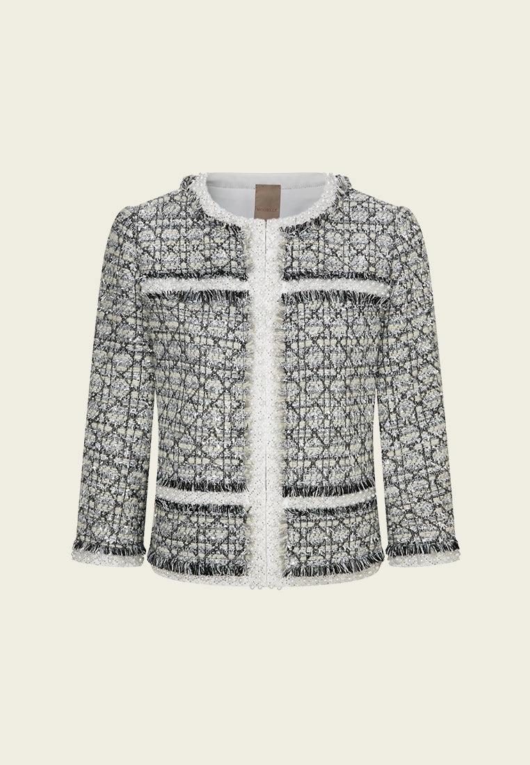 Lurex Diamond-pattern Frayed-detail Embellished Jacket