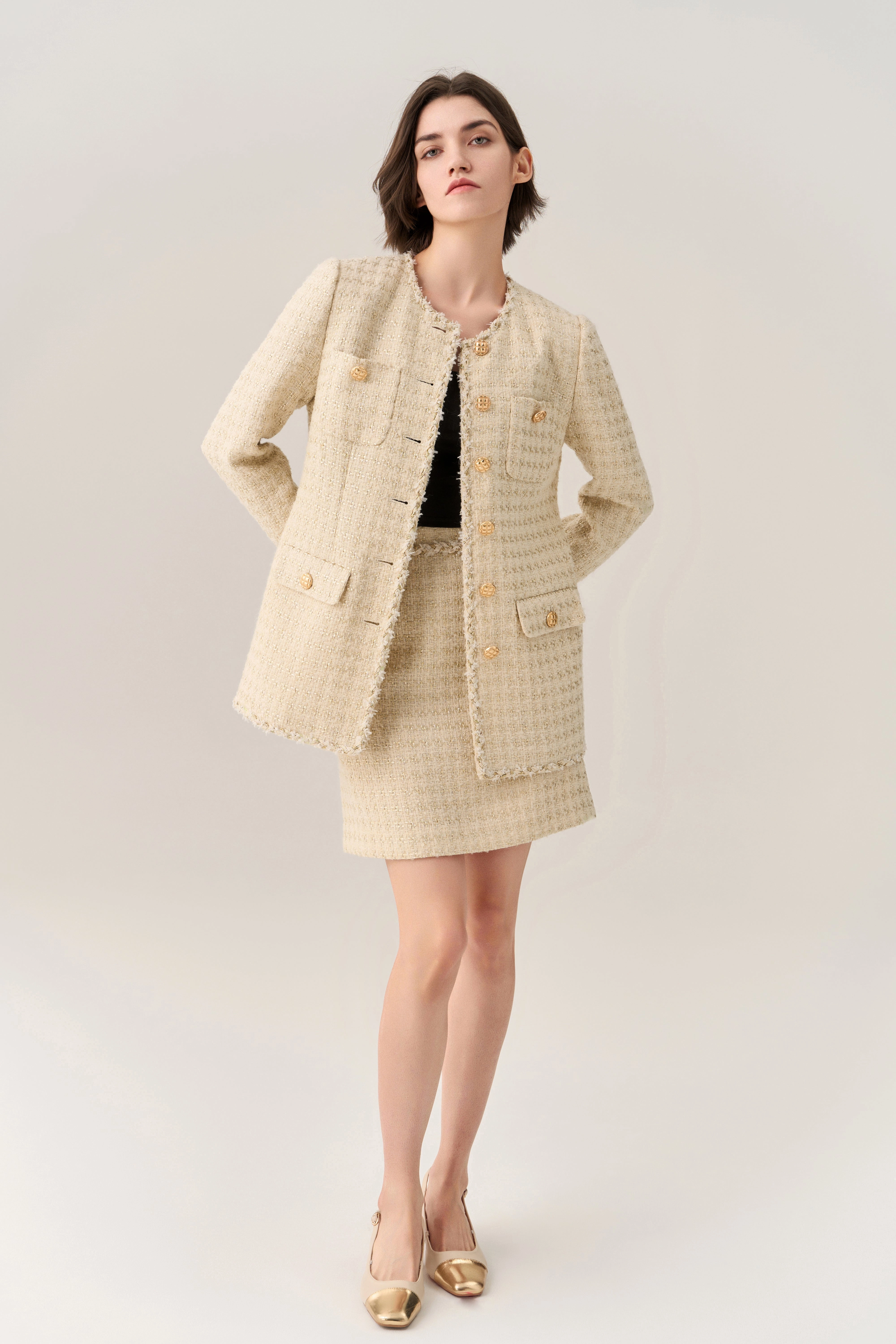 Lurex Stripped Braid-trim A-line Midi Coat