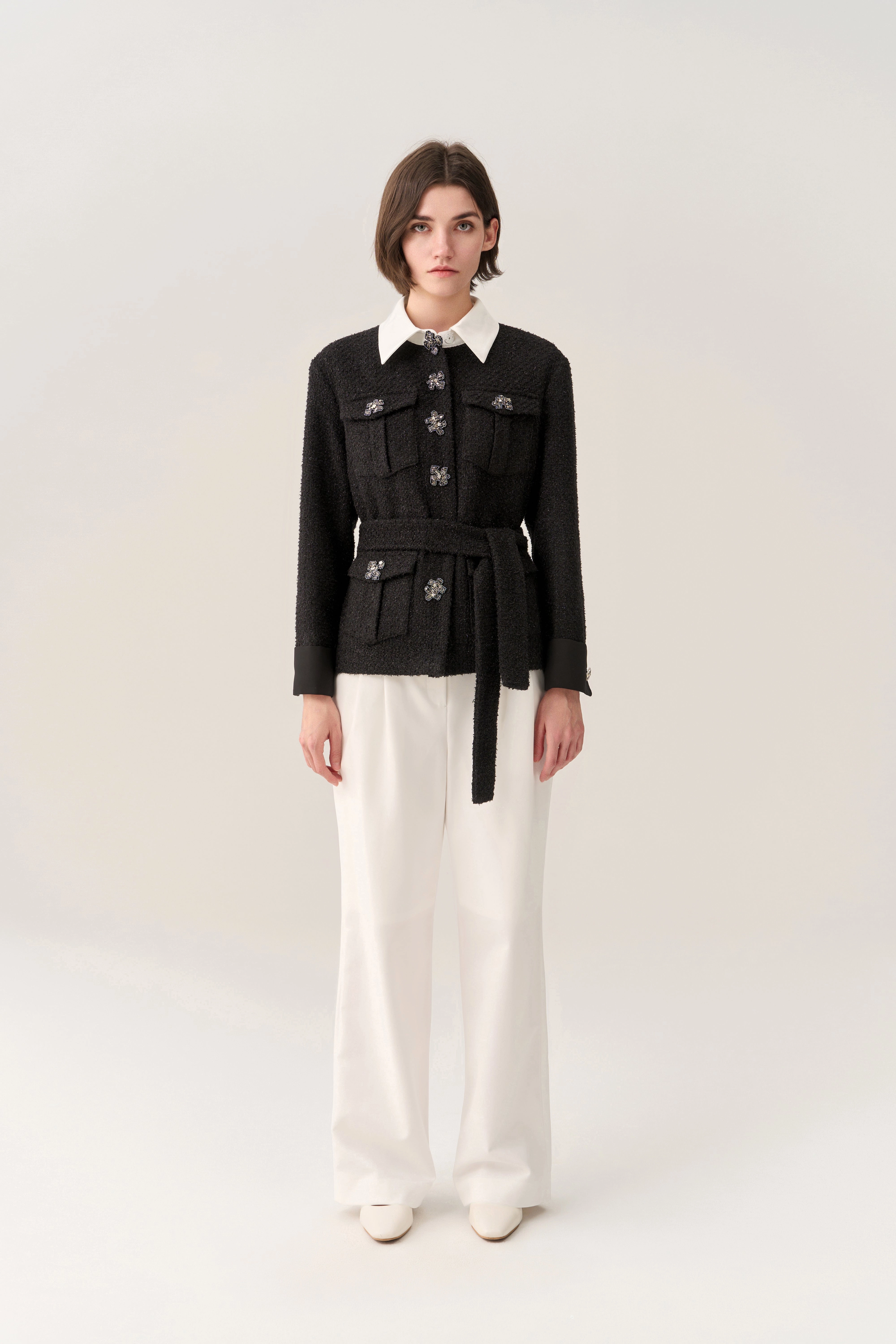 Lurex Tweed Tie Belt Lapel Jacket