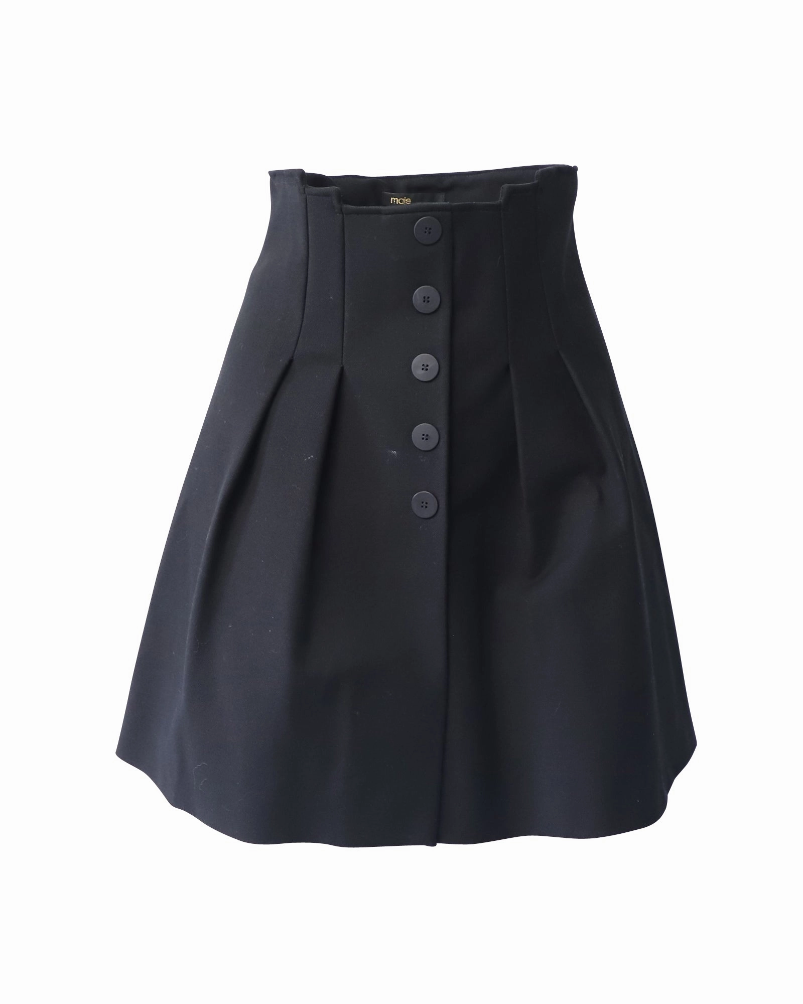 Maje Button Front Pleated Skirt in Black Cotton