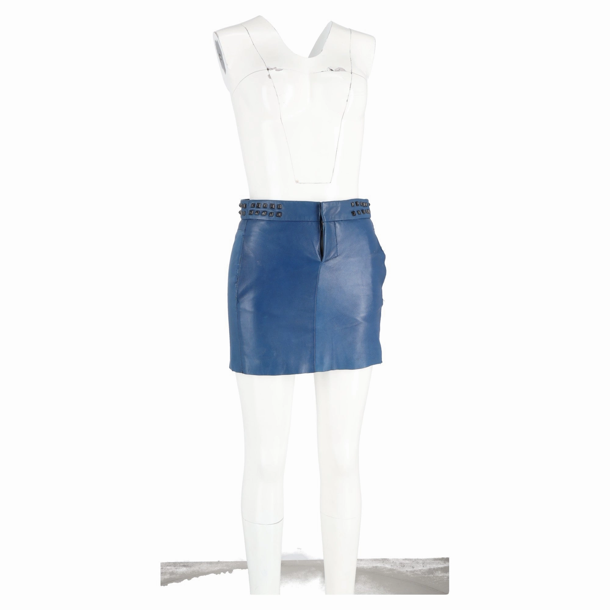 Maje Studded Mini Pencil Skirt in Blue Leather