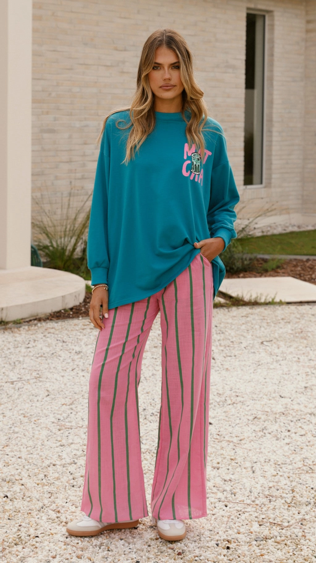 Matcha Long Sleeve Top and Pants Set - Teal / Pink