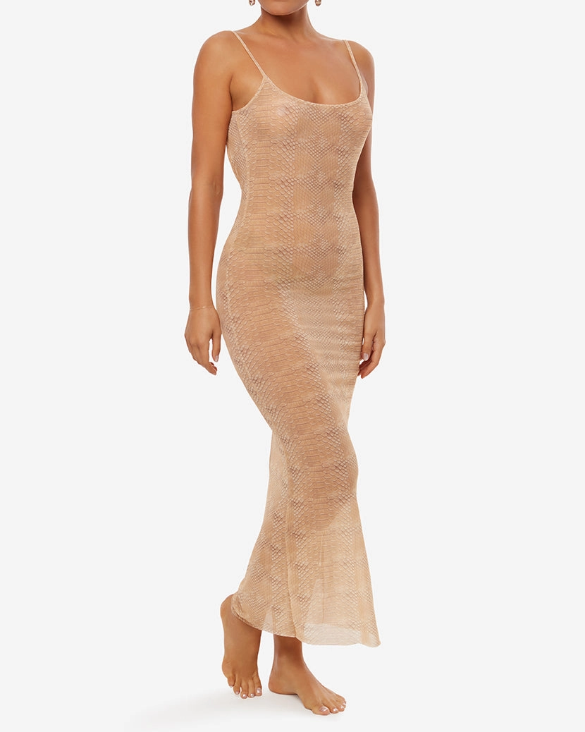 Mesh Scoop Maxi Slip Snake Skin Dress