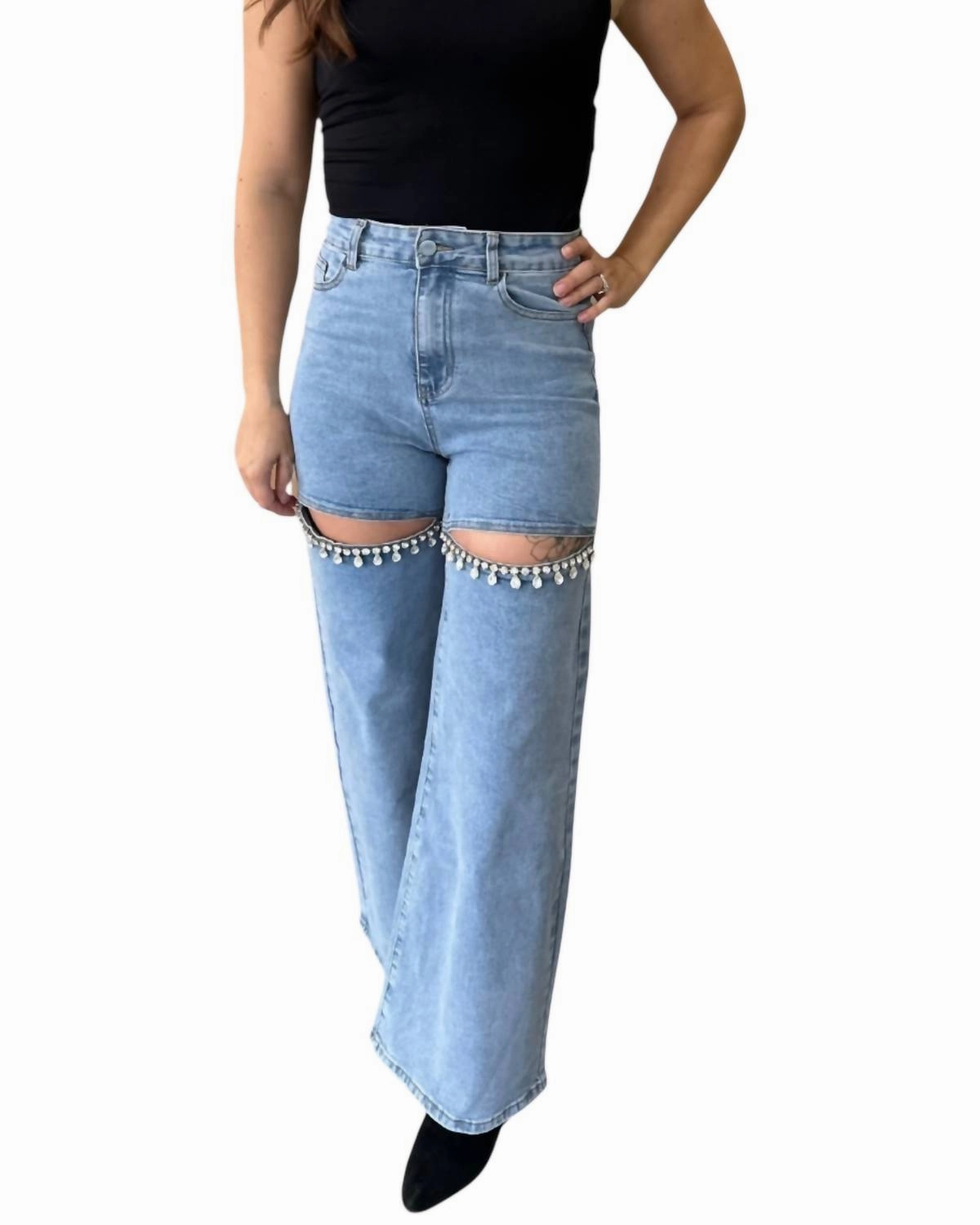 Mid Rise Crystal Slit Knee Jeans In Light Wash