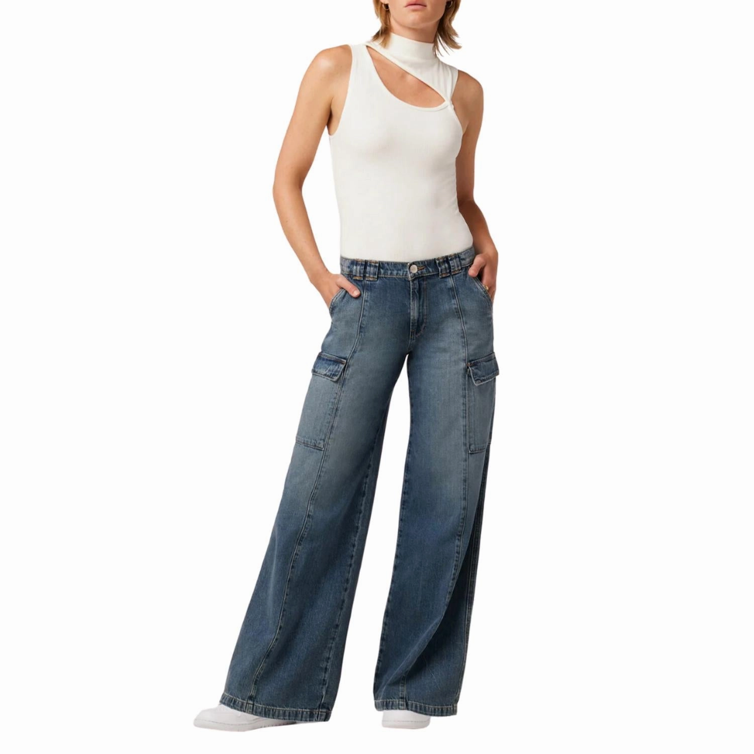 Mid-Rise Utility Wide Leg Cargo Jean In Deep Blue