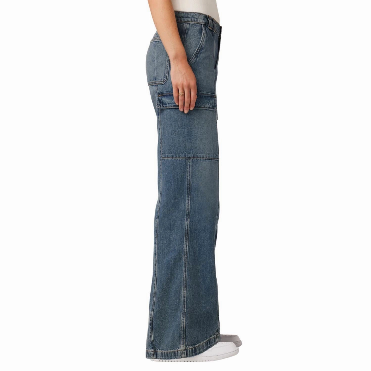 Mid-Rise Utility Wide Leg Cargo Jean In Deep Blue