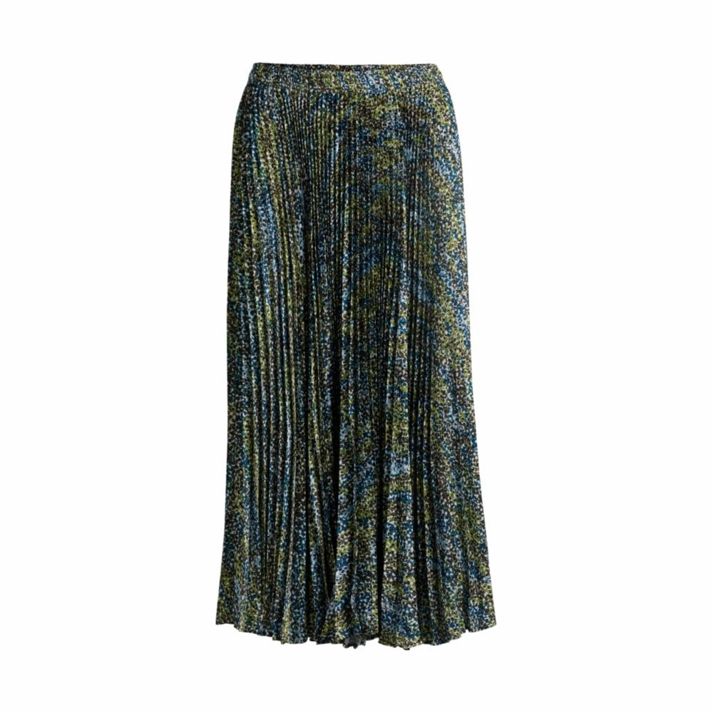 Midi-length skirt in printed pliss satin