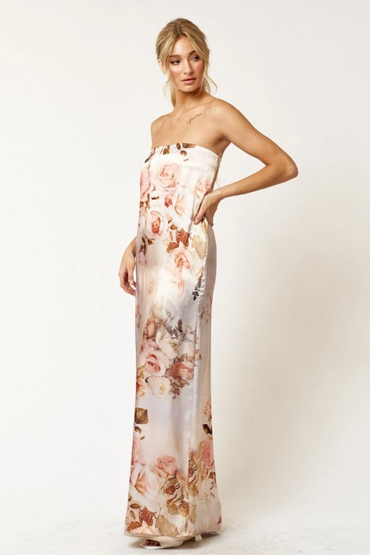 Milan Floral Satin Tube Maxi Dress