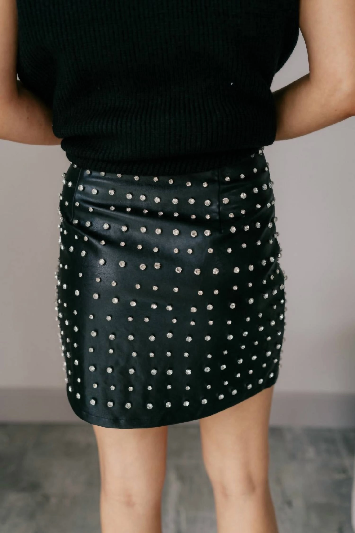 Miley Faux Leather Mini Skirt In Black Rhinestone