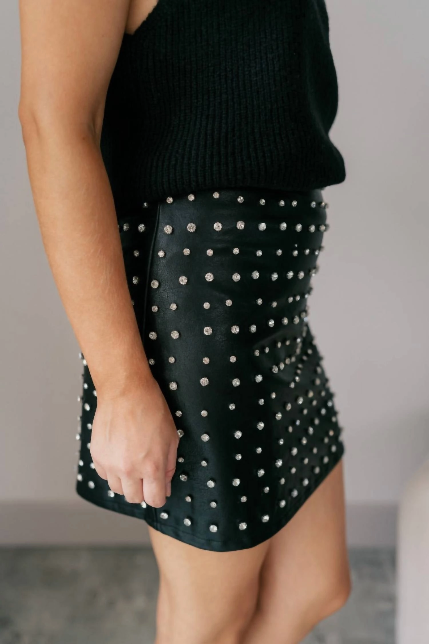 Miley Faux Leather Mini Skirt In Black Rhinestone