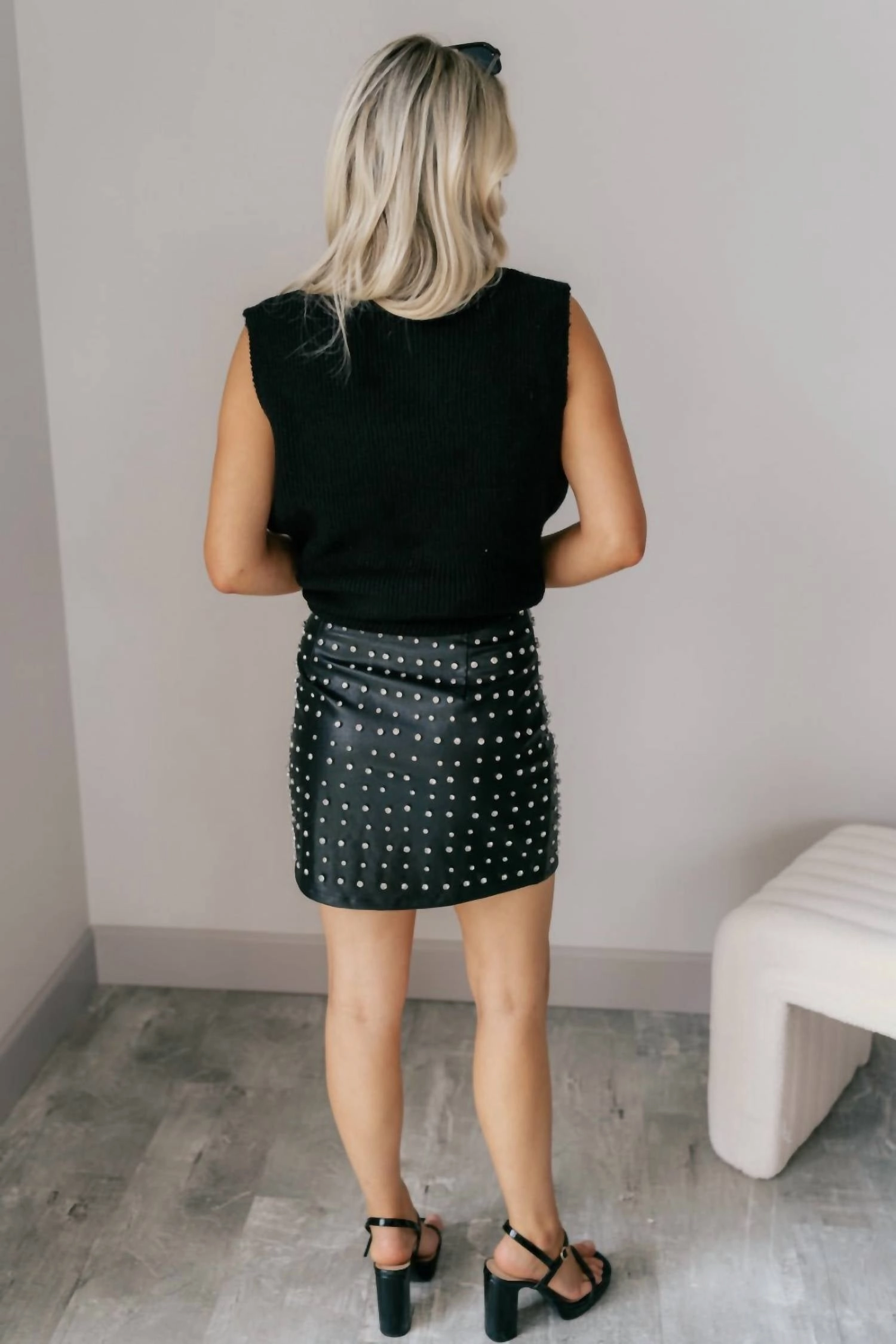 Miley Faux Leather Mini Skirt In Black Rhinestone
