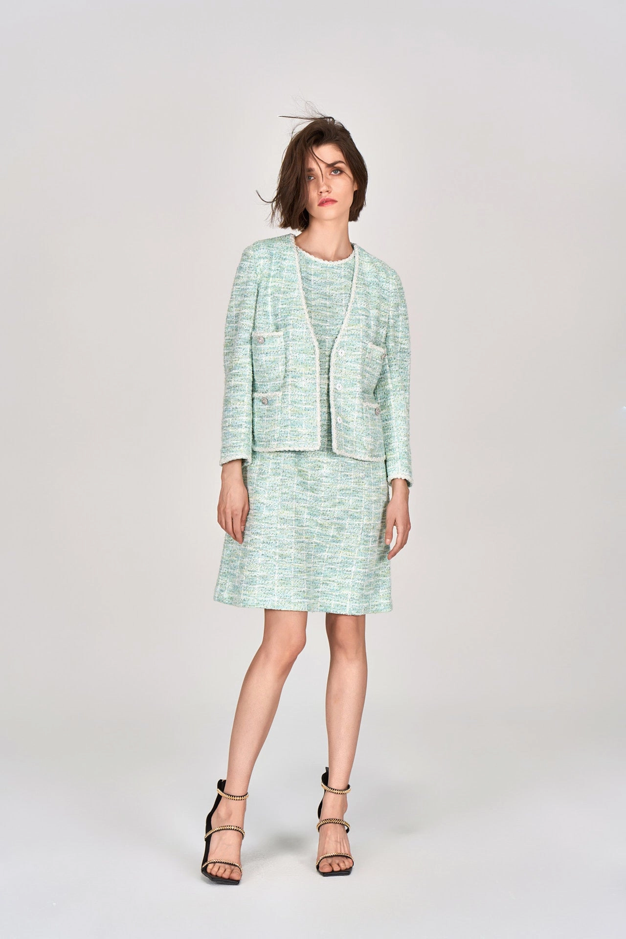 Mint Green V-neck Stretch Tweed Jacket