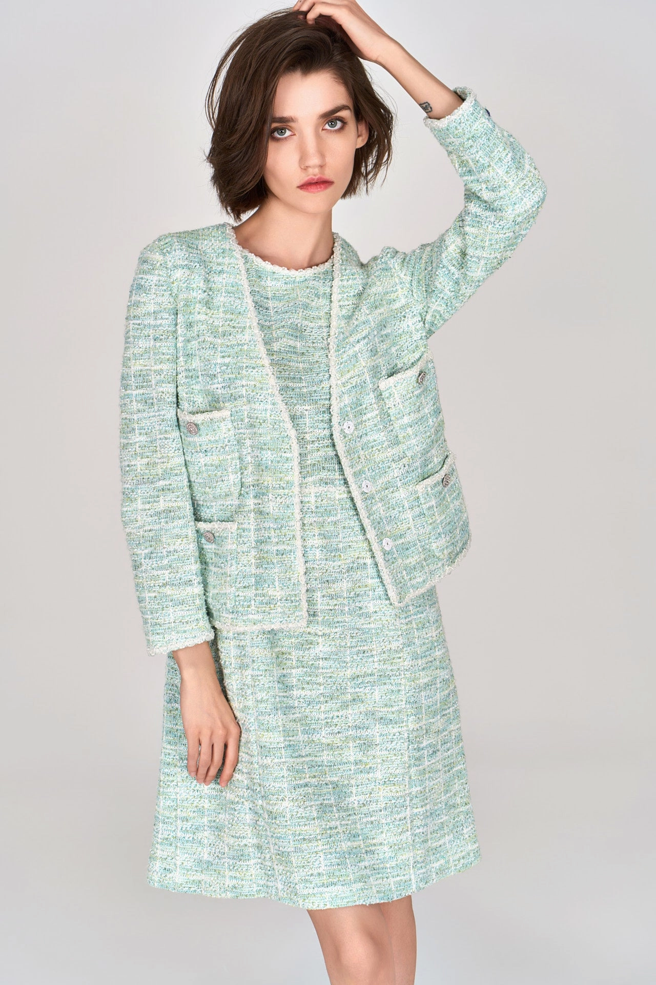 Mint Green V-neck Stretch Tweed Jacket