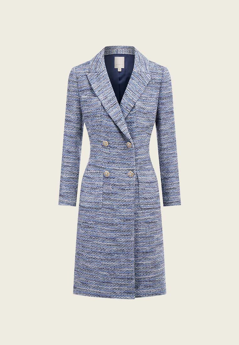 Mixed Blue Tweed Double-Breasted Long Coat