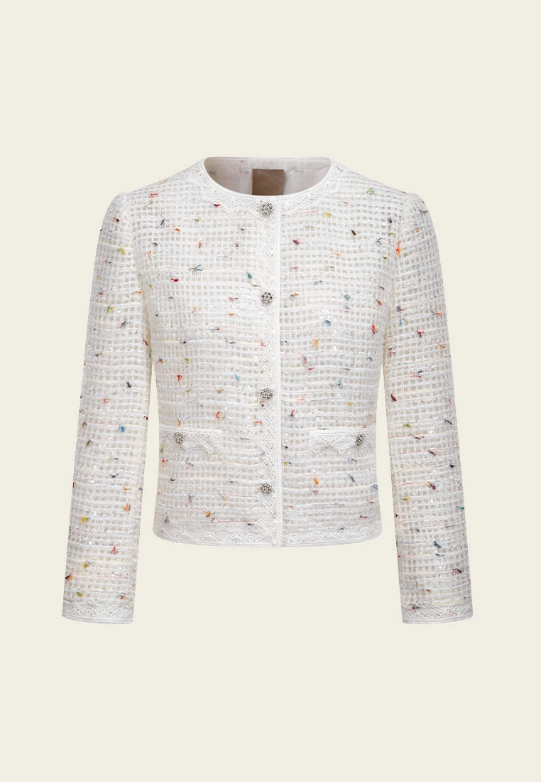 Mixed-tweed Hollow-carved Lace-detail Pocket Jacket