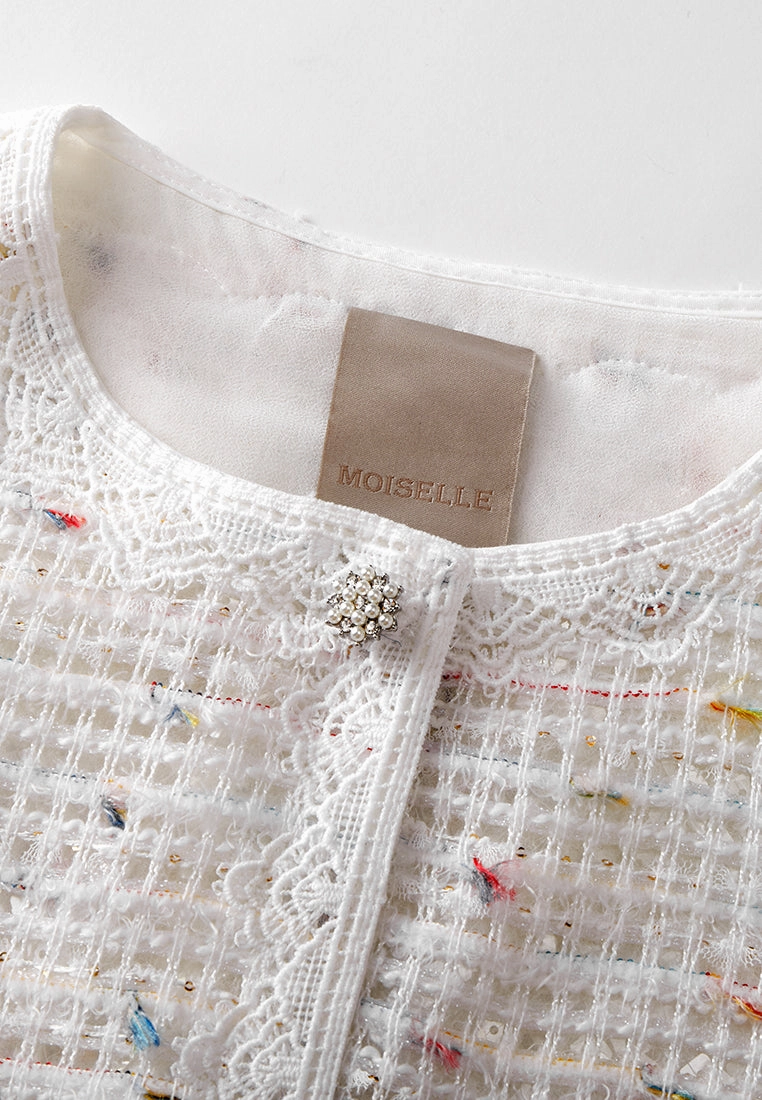 Mixed-tweed Hollow-carved Lace-detail Pocket Jacket