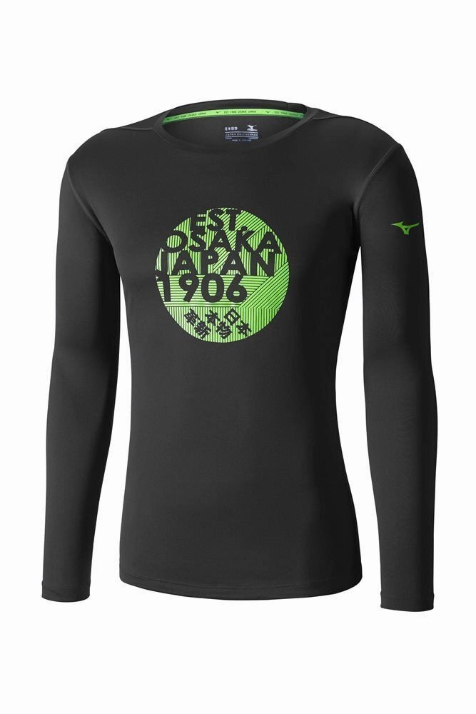 Mizuno Core J2GA652209 Shirt Men Black Graphic Crew Neck Performance Long Sleeve