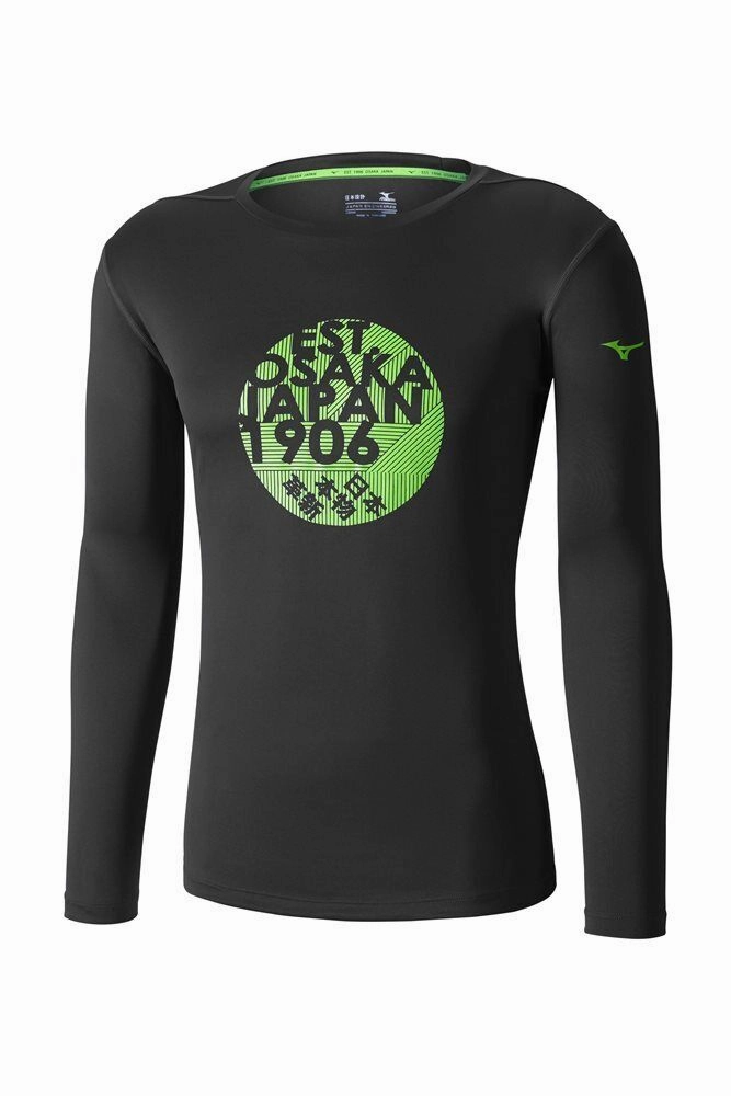 Mizuno Core J2GA652209 Shirt Men Black Graphic Crew Neck Performance Long Sleeve