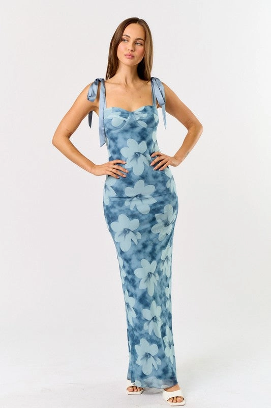 Monaco Floral Shoulder Tie Mesh Maxi Dress