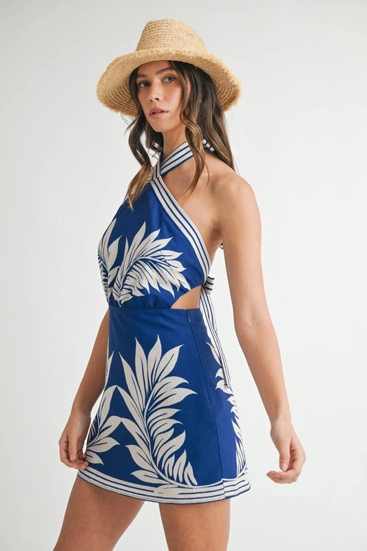 Monaco Palm Halter Mini Dress