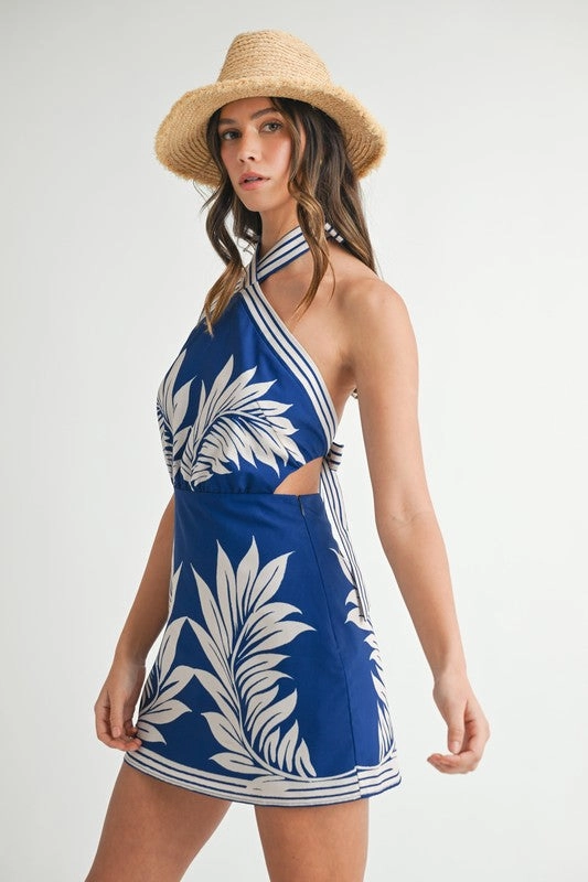 Monaco Palm Halter Mini Dress