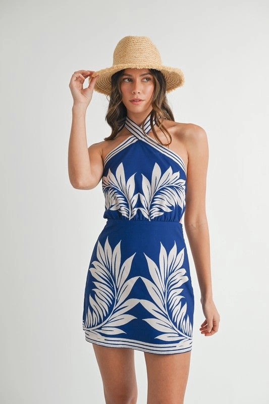 Monaco Palm Halter Mini Dress