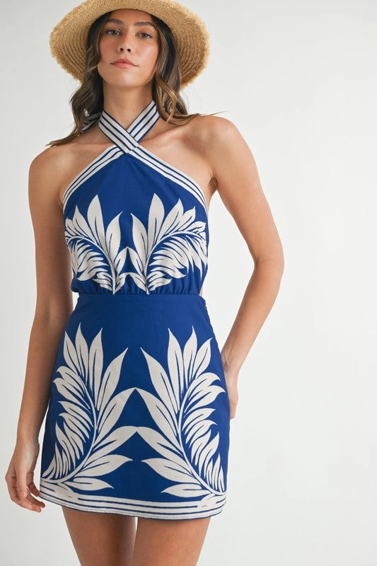 Monaco Palm Halter Mini Dress