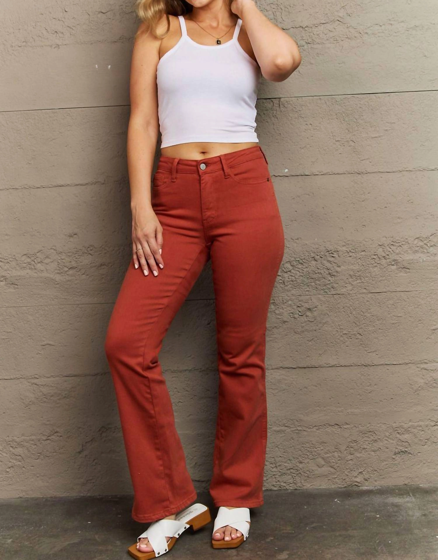 Olivia Full Size Mid Rise Slim Bootcut Jeans In Caramel