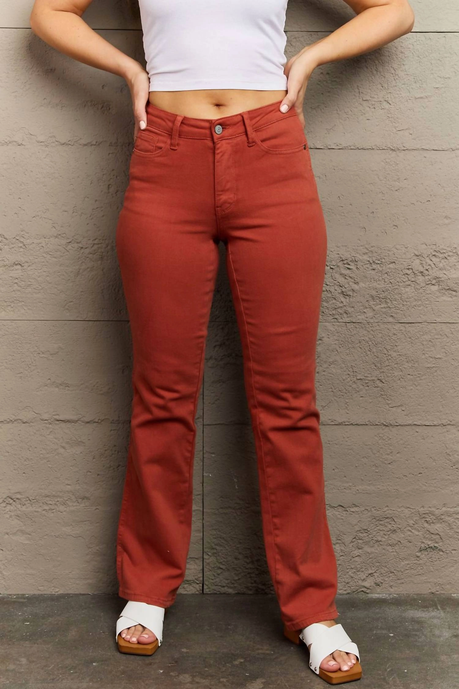 Olivia Full Size Mid Rise Slim Bootcut Jeans In Caramel