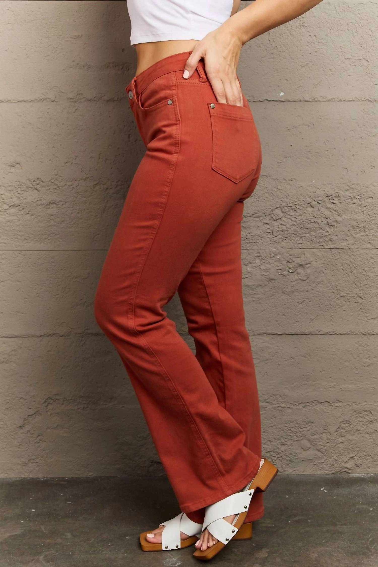 Olivia Full Size Mid Rise Slim Bootcut Jeans In Caramel