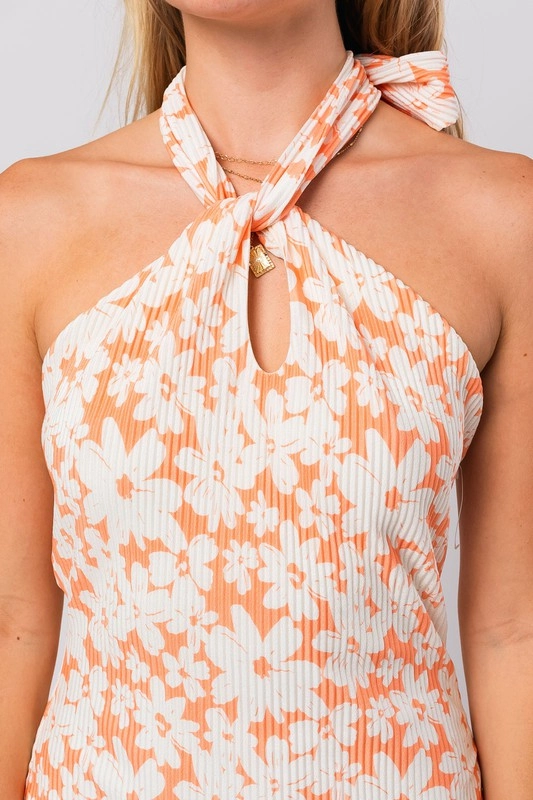 Orange Floral Halter Mini Dress