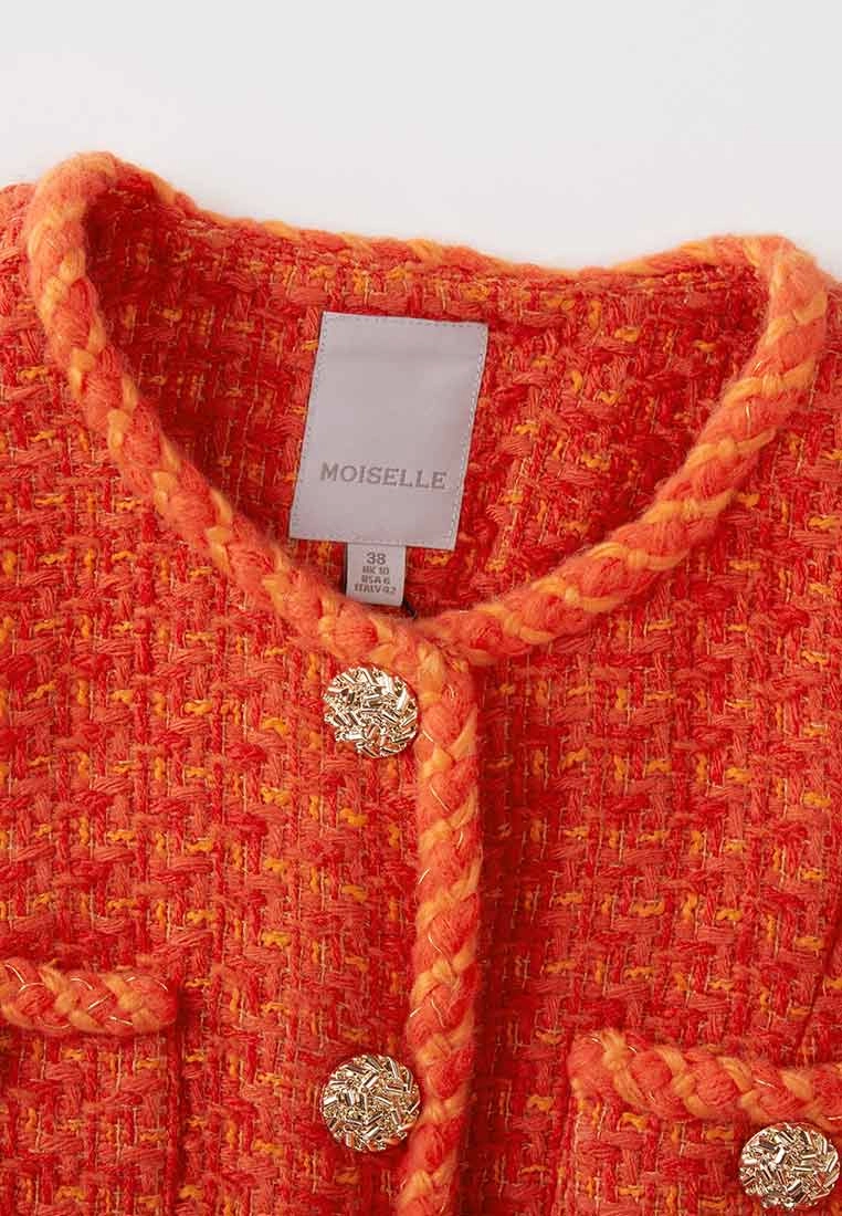 Orange Golden Button Embellished Tweed Coat