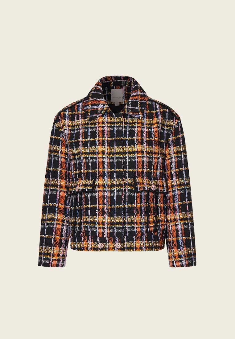 Orange Plaid Tweed Short Jacket with Collar