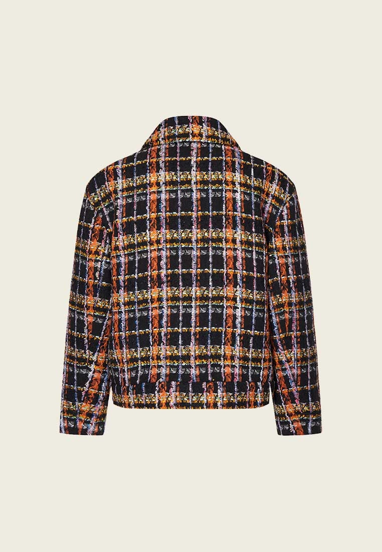 Orange Plaid Tweed Short Jacket with Collar