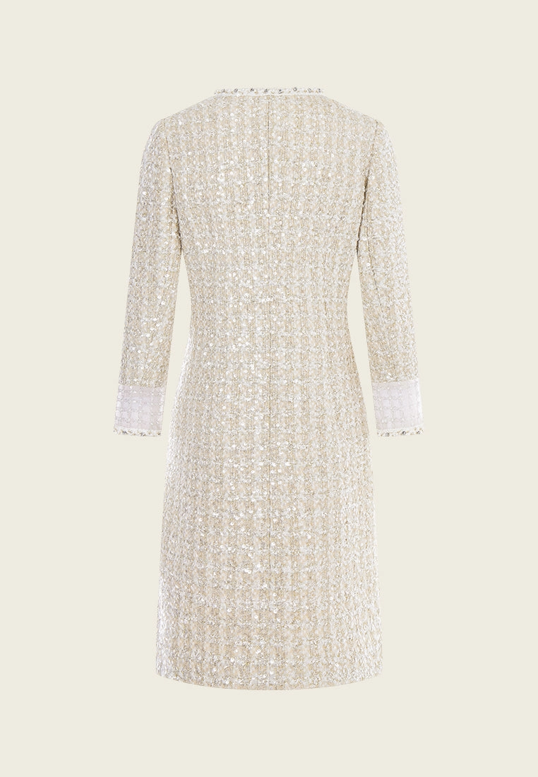 Organza Cuff Slit Detail Tweed Maxi Coat