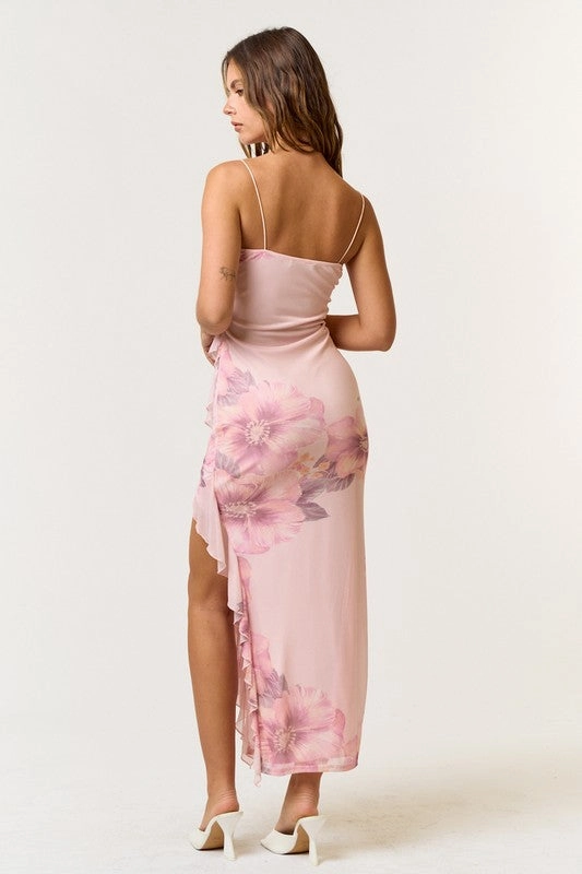 Palmilla Floral Mesh Ruffle Maxi Dress