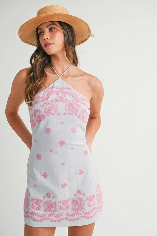 Paritza Embroidered Halter Mini Dress